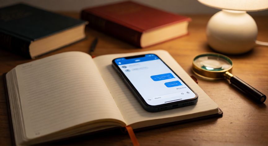 como encontrar biblioteca secreta en telegram, Mesa con cuaderno, lupa y móvil analizando pistas para encontrar una biblioteca secreta