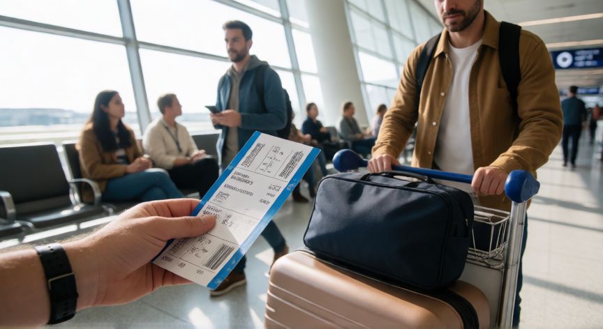 como encontrar billetes de avion baratos, Terminal de aeropuerto con equipaje y tarjetas de embarque