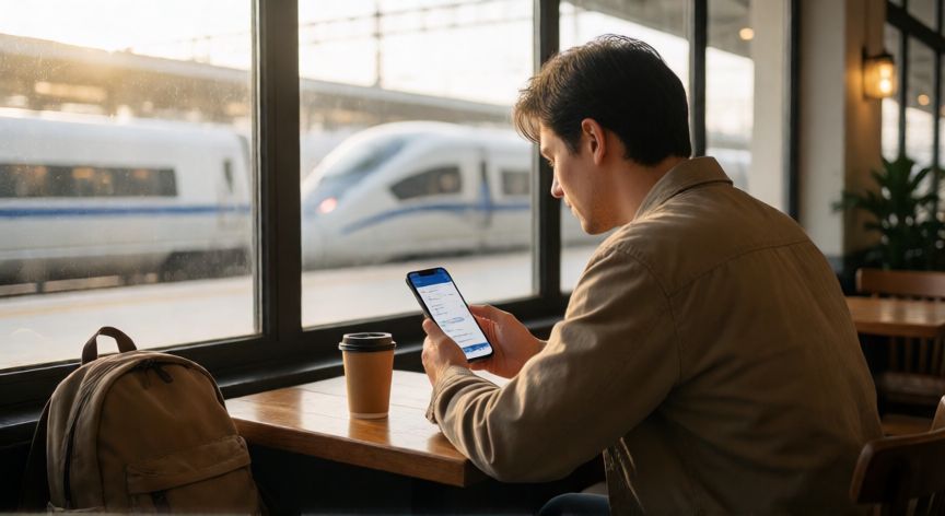 como encontrar billetes de tren baratos, Viajero consultando billetes de tren en su móvil en una estación