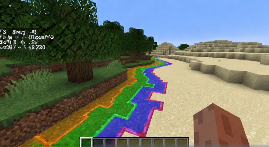 como encontrar biomas en minecraft, Pantalla F3 de Minecraft mostrando la frontera entre un bioma de bosque y un bioma de desierto con líneas de delimitación visibles
