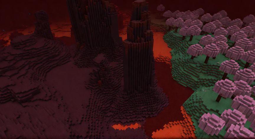como encontrar biomas en minecraft, Vista aérea del Nether en Minecraft mostrando varios biomas distintos: valle de arena de almas, deltas de basalto y arboleda de cerezo