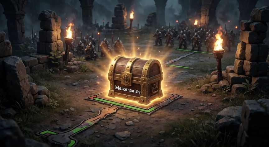 como encontrar bolsas de mercenarios en total battle, Mapa de juego con una bolsa de mercenarios brillante en una zona de campaña