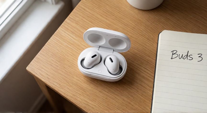 como encontrar buds 3, Estuche de carga Galaxy Buds 3 abierto sobre escritorio de madera con libreta al lado