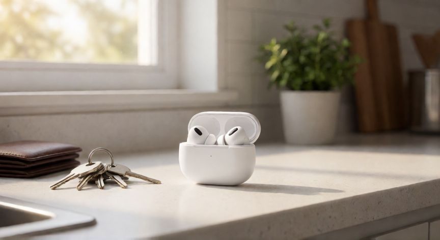 como encontrar buds 3 pro, Estuche de carga Galaxy Buds3 Pro en una mesa de cocina, escenario típico de búsqueda doméstica