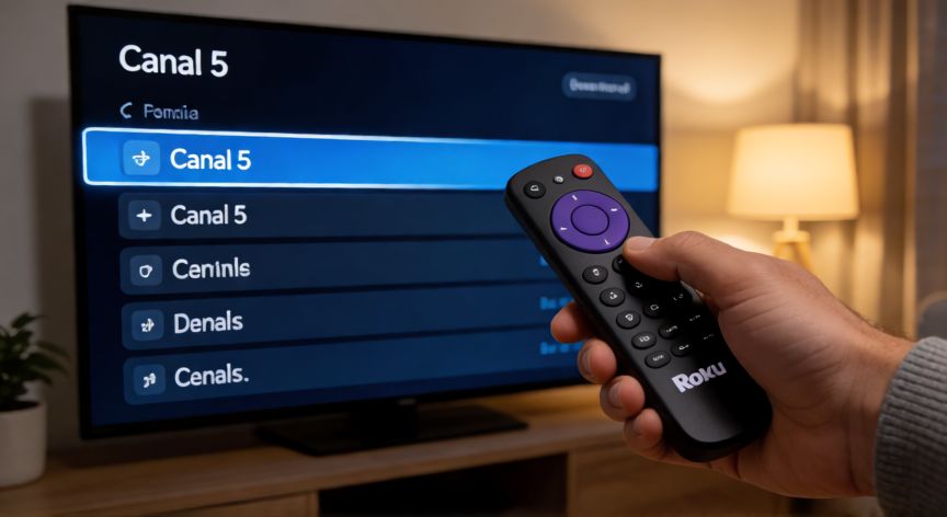 como encontrar canal 5 en roku, Persona buscando Canal 5 con el control remoto de Roku en la pantalla del televisor