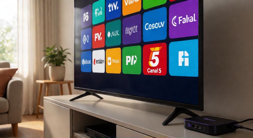 como encontrar canal 5 en roku, Televisor mostrando la interfaz de canales de Roku con Canal 5 visible entre otras aplicaciones