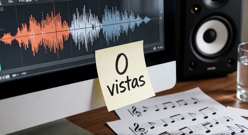 como encontrar canciones con 0 vistas, Pantalla de software de audio con una nota que dice cero vistas en un escritorio de producción musical