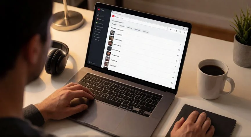 Persona buscando vídeos musicales con filtros avanzados en YouTube desde su portátil