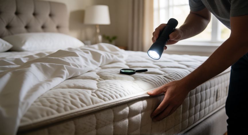 como encontrar chinches en la cama, Persona revisando las costuras del colchón con linterna para buscar chinches