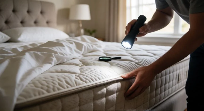 Inspección con linterna de costuras del colchón buscando señales de chinches de cama
