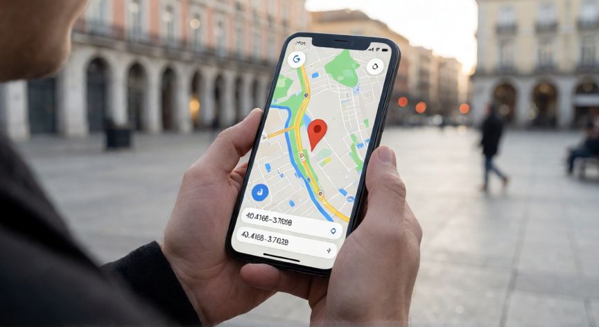 como encontrar coordenadas en google maps, Persona usando el móvil para ver coordenadas en Google Maps
