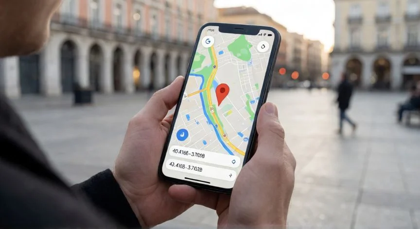 Persona usando el móvil para ver coordenadas en Google Maps