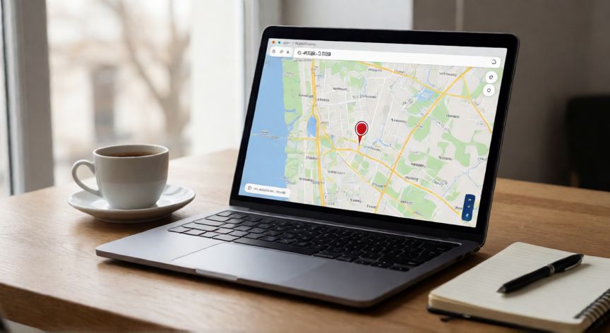 como encontrar coordenadas en google maps, Ordenador mostrando coordenadas en Google Maps sobre un escritorio