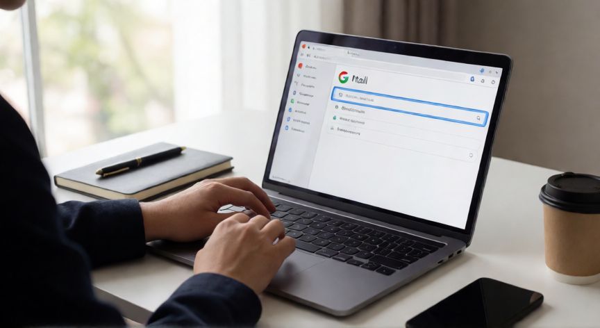 como encontrar correos archivados en gmail, Persona buscando correos archivados en Gmail desde la laptop