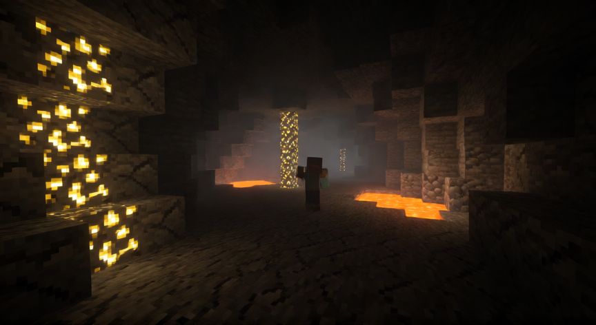 como encontrar cuevas de azufre en minecraft, Cueva de azufre en Minecraft con vetas brillantes y un jugador explorando