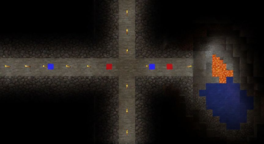como encontrar cuevas de azufre en minecraft, Túnel de exploración subterráneo con marcadores y antorchas en Minecraft