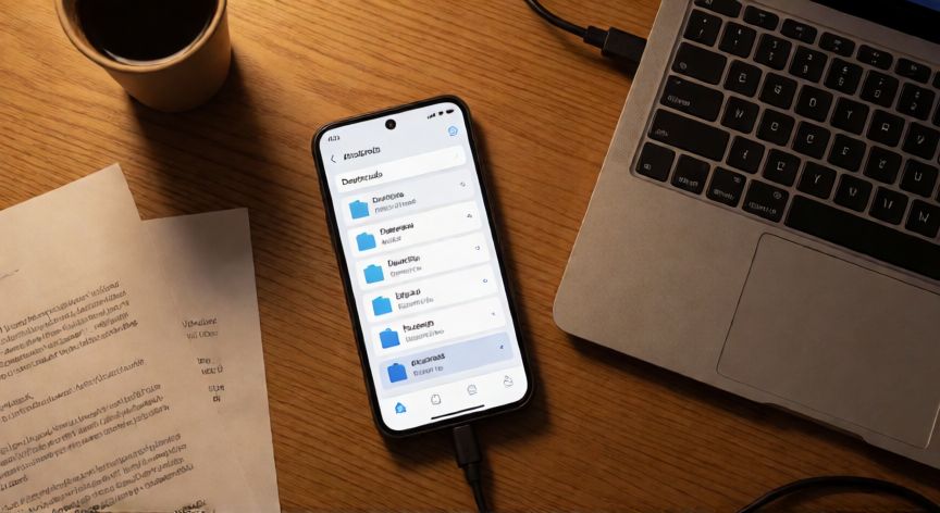 como encontrar descargas en android, Teléfono Android conectado por USB mostrando el gestor de archivos con la carpeta Downloads abierta