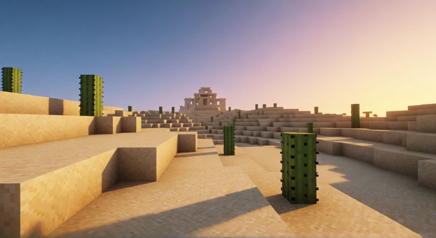 como encontrar desierto en minecraft, Desierto en Minecraft con dunas de arena y cactus al atardecer