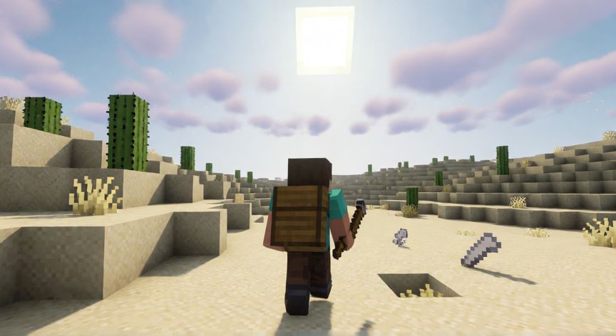 como encontrar desierto en minecraft, Jugador explorando un desierto en Minecraft durante el día