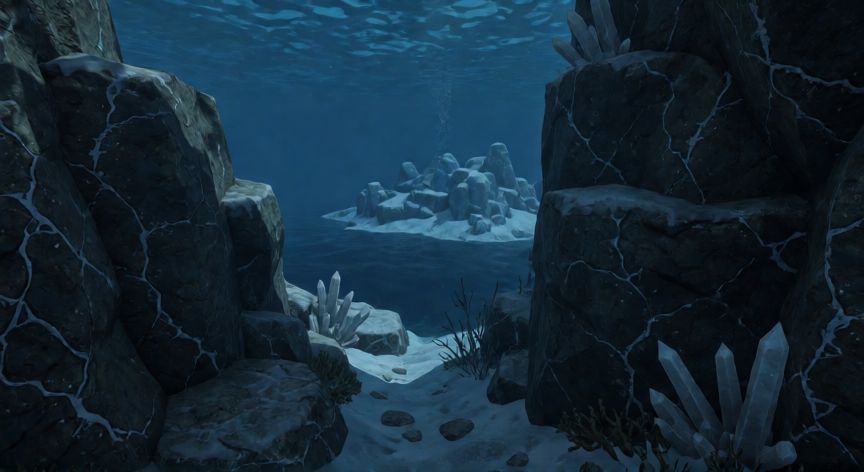 como encontrar diamante en subnautica, Cueva rocosa bajo el hielo con vetas de diamante en Subnautica