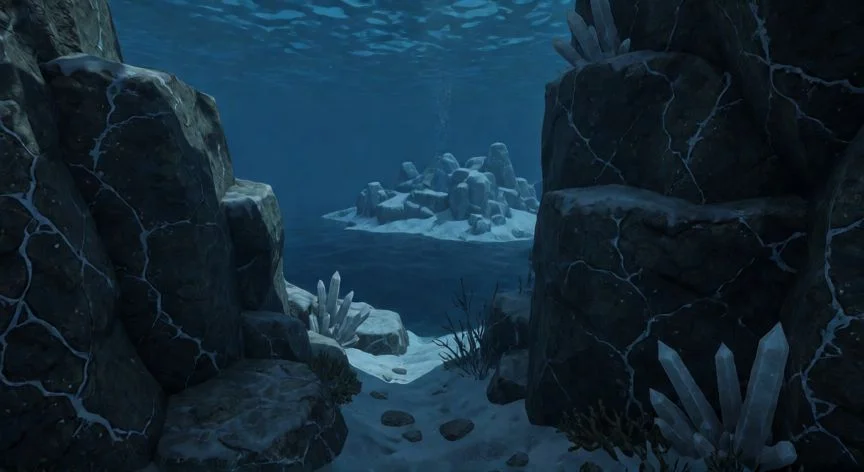Cueva rocosa bajo el hielo con vetas de diamante en Subnautica