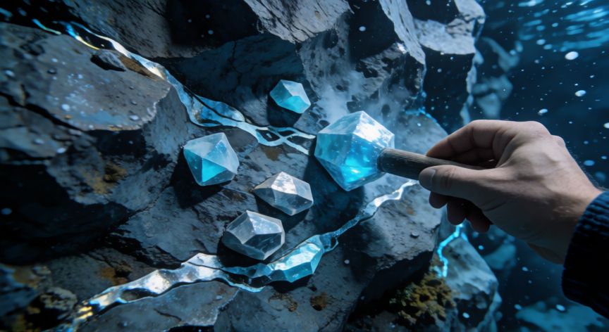 como encontrar diamante en subnautica, Jugador minando una mena de diamante en la zona fría
