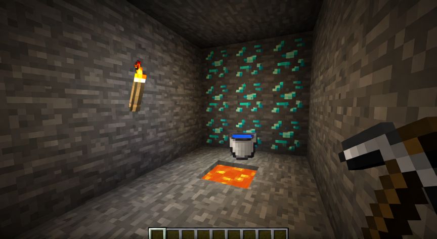 como encontrar diamantes en minecraft, Jugador cavando túneles profundos en Minecraft con mineral de diamante visible