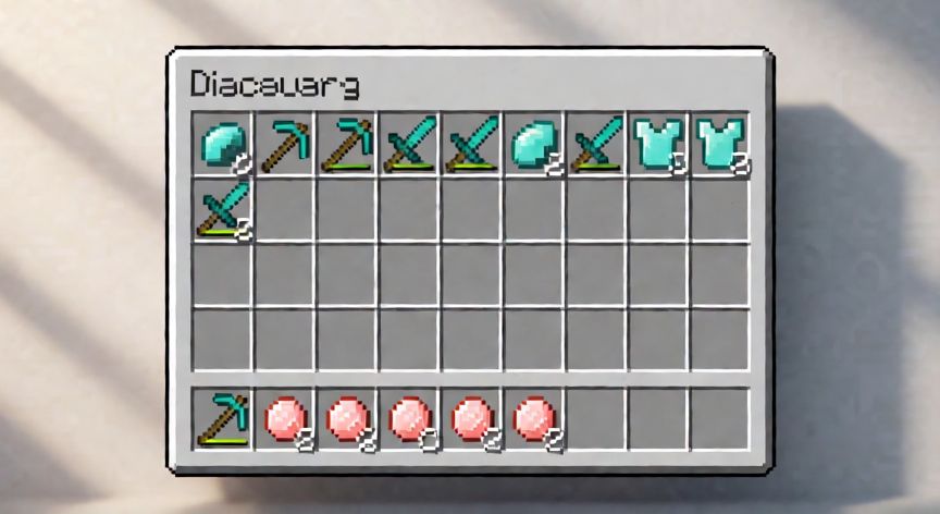 como encontrar diamantes en minecraft, Inventario de Minecraft con herramientas y armadura de diamante
