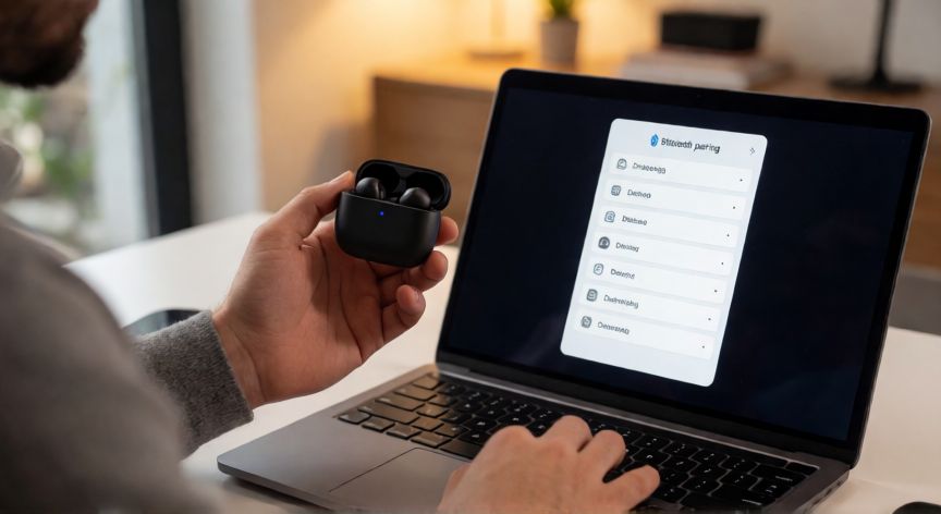 como encontrar dispositivo bluetooth, Persona emparejando unos auriculares Bluetooth con una laptop mostrando la lista de dispositivos