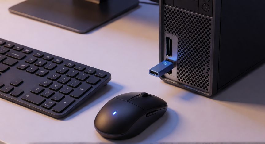 como encontrar dispositivo bluetooth, Adaptador Bluetooth USB conectado a un PC de sobremesa con teclado y mouse inalámbricos en modo de emparejamiento