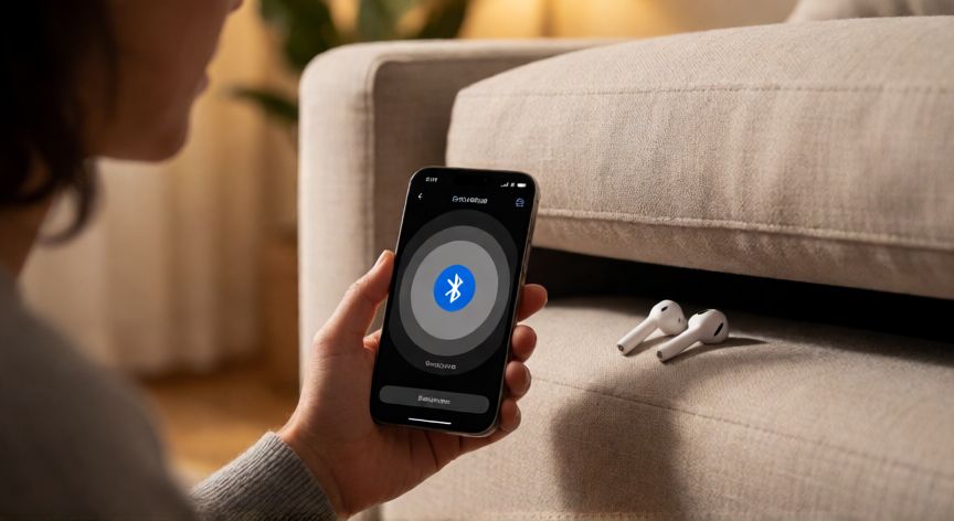 como encontrar dispositivos bluetooth perdidos, Persona buscando auriculares Bluetooth perdidos bajo un sofá usando una app en el móvil
