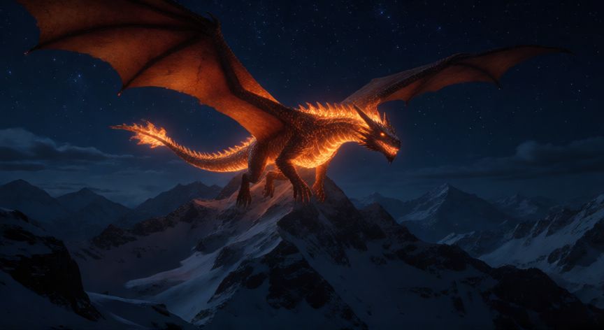 como encontrar dragones nivel 5 ice and fire, Dragón de fuego nivel 5 volando sobre montañas nevadas de noche en Minecraft Ice and Fire