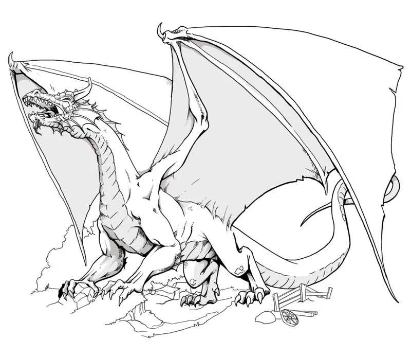 Ilustración lineal de un dragón con alas extendidas y restos en el suelo