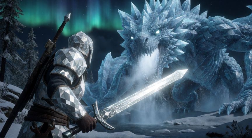 como encontrar dragones nivel 5 ice and fire, Jugador con armadura enfrentando a un dragón de hielo adulto en una taiga nevada nocturna