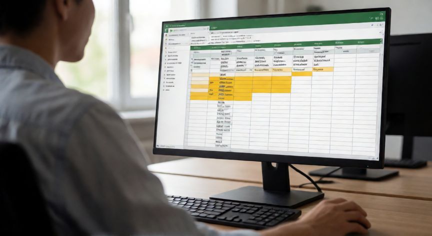 como encontrar duplicados en excel, Persona usando Excel con celdas duplicadas resaltadas en amarillo en la pantalla