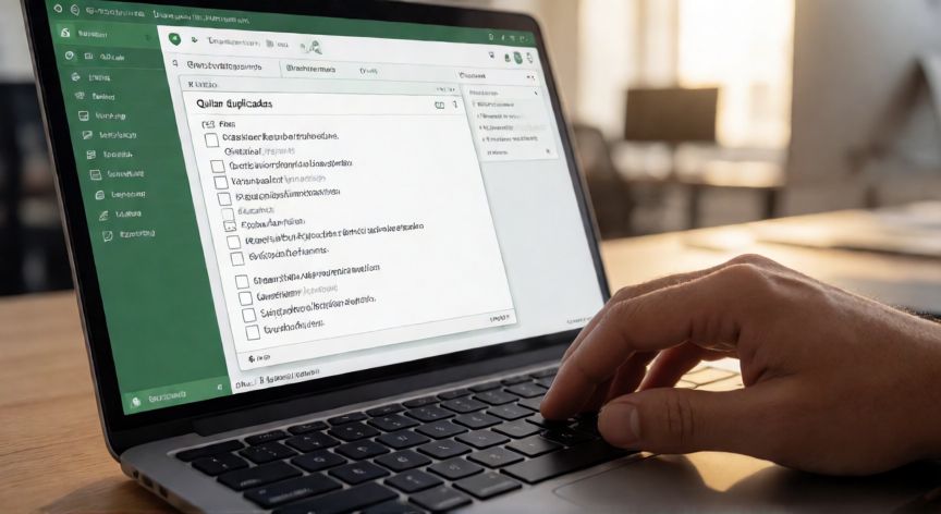 como encontrar duplicados en excel, Manos usando el diálogo Quitar duplicados en Excel desde un portátil