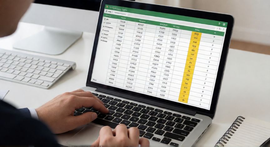 como encontrar duplicados en una columna de excel, Persona revisando una columna de Excel con celdas duplicadas resaltadas en amarillo