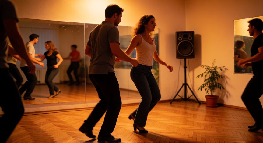 como encontrar el 1 en la salsa, Pareja bailando el básico de salsa en un estudio con suelo de parquet y luces cálidas