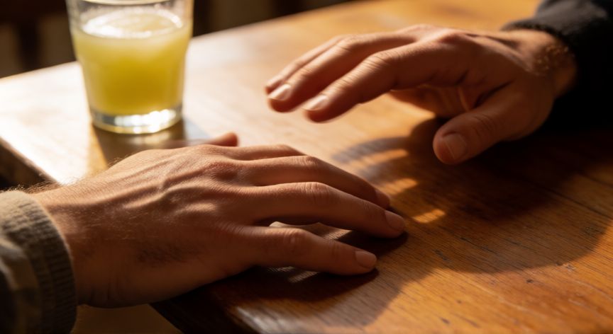 como encontrar el 1 en la salsa, Manos marcando el compás sobre una mesa de madera para localizar el golpe 1 en la salsa