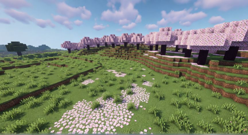 como encontrar el bioma de cerezo en minecraft, Bioma de cerezo en Minecraft con árboles rosados y flores en una llanura.