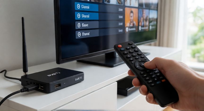 como encontrar el canal 5 en tv abierta, Decodificador DVB-T2 externo conectado a un televisor para sintonizar canales de antena