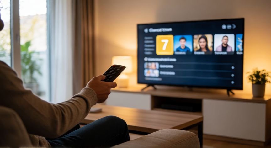 como encontrar el canal 7, Persona buscando el canal 7 en la lista de canales del televisor con el mando a distancia