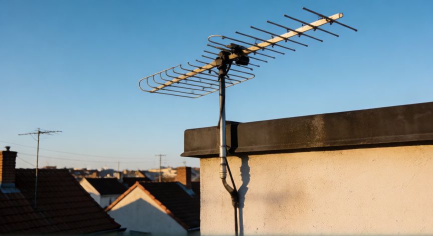 como encontrar el canal 7, Antena TDT en la azotea con cable coaxial conectado para recibir señal del canal 7