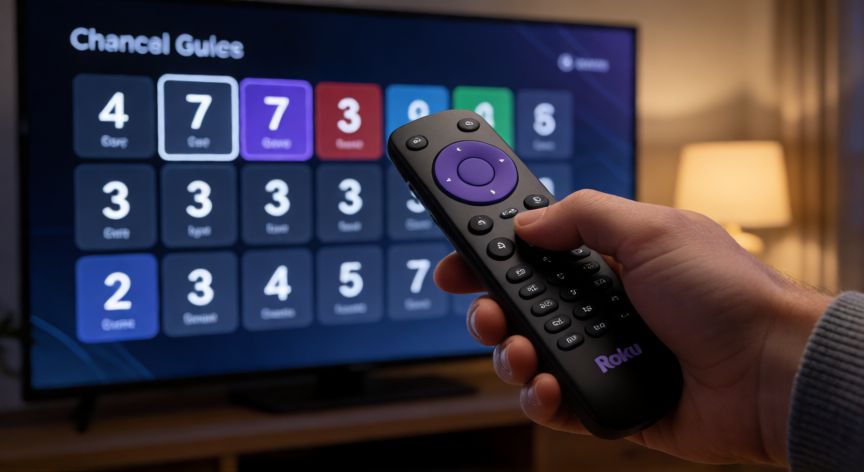 como encontrar el canal 7 en roku, Mando a distancia Roku seleccionando el canal 7 en la guía de canales