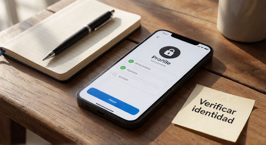 como encontrar el instagram de una persona sabiendo solo su nombre, Teléfono mostrando una pantalla de verificación de identidad junto a una libreta