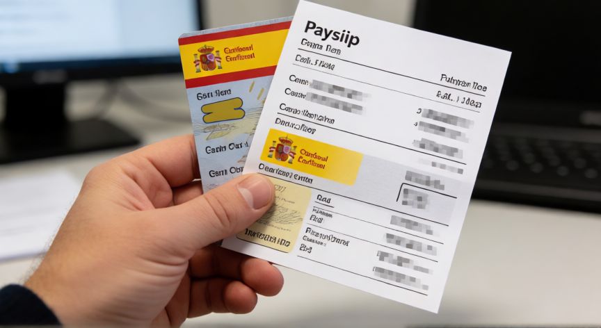 como encontrar el numero de la seguridad social, Tarjeta sanitaria y nómina con datos personales desenfocados para buscar el número de afiliación