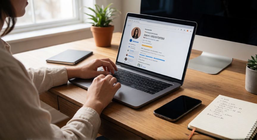 como encontrar el numero de telefono de una persona, Persona buscando un número de teléfono en redes sociales desde su ordenador