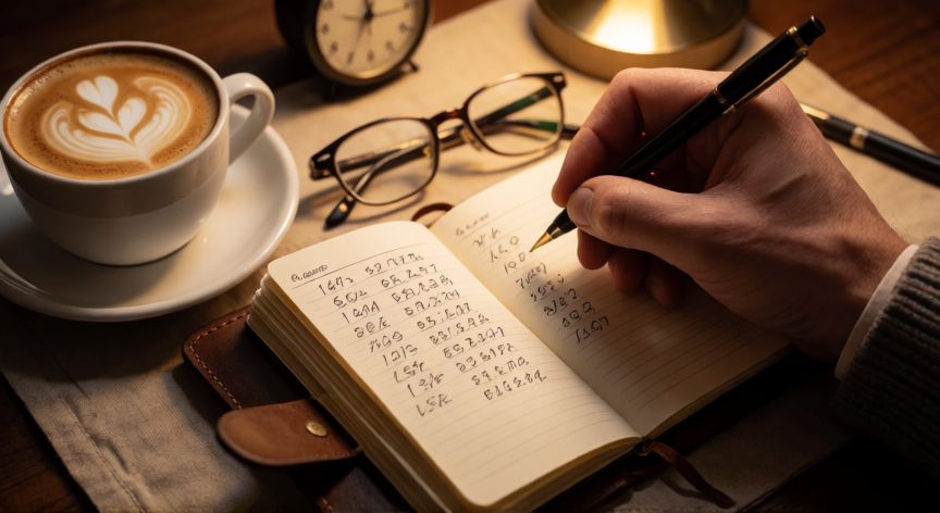 como encontrar el numero de telefono de una persona, Carnet de contactos con números de teléfono anotados a mano y taza de café