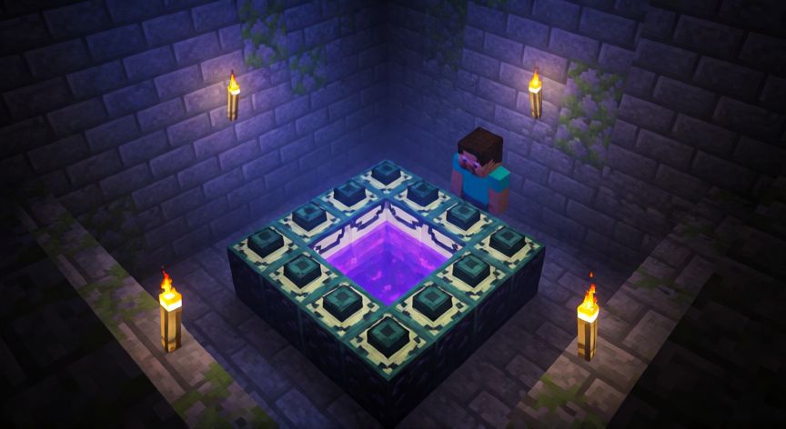 como encontrar el portal al end, Sala del stronghold con el portal al End activado en Minecraft, marco de obsidiana con líquido púrpura brillante