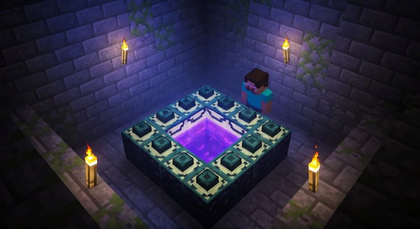 Sala del stronghold con el portal al End activado en Minecraft, marco de obsidiana con líquido púrpura brillante